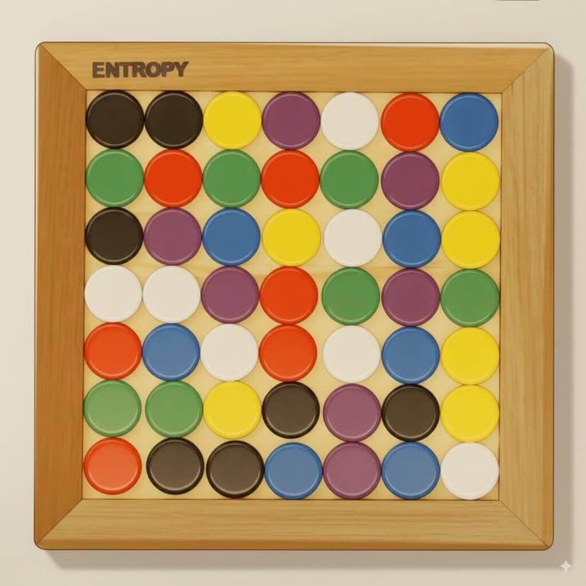 Example completed Entropy game board showing 7x7 grid filled with colorful counters